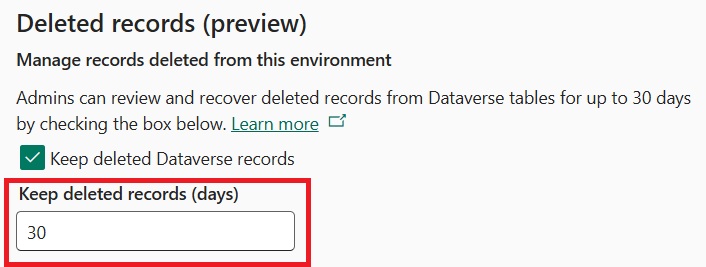 Select number of days to keep deleted records (30 days)