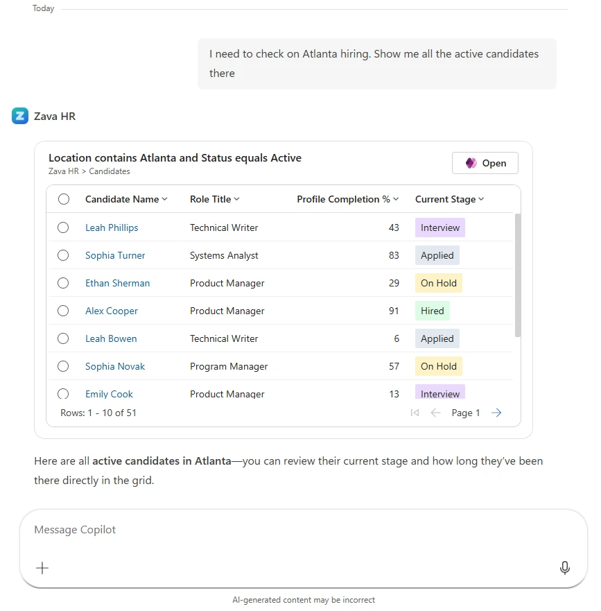 Copilot displays an interactive grid of active candidates filtered by location, allowing users to view and act on model-driven app data within the conversation.