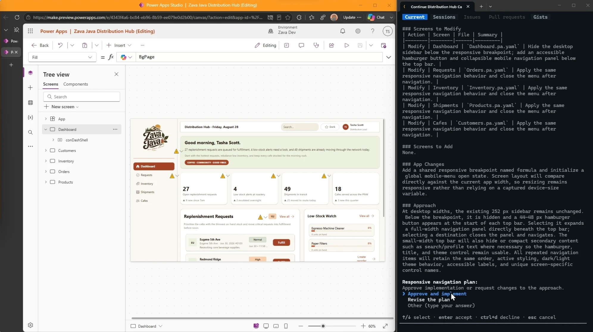 A screenshot of a canvas app being editing in studio using a coding agent in CLI
