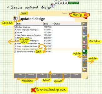 The search function in use with illustration of the InkSeine gestures available to assist navigation and filtering through search results.
