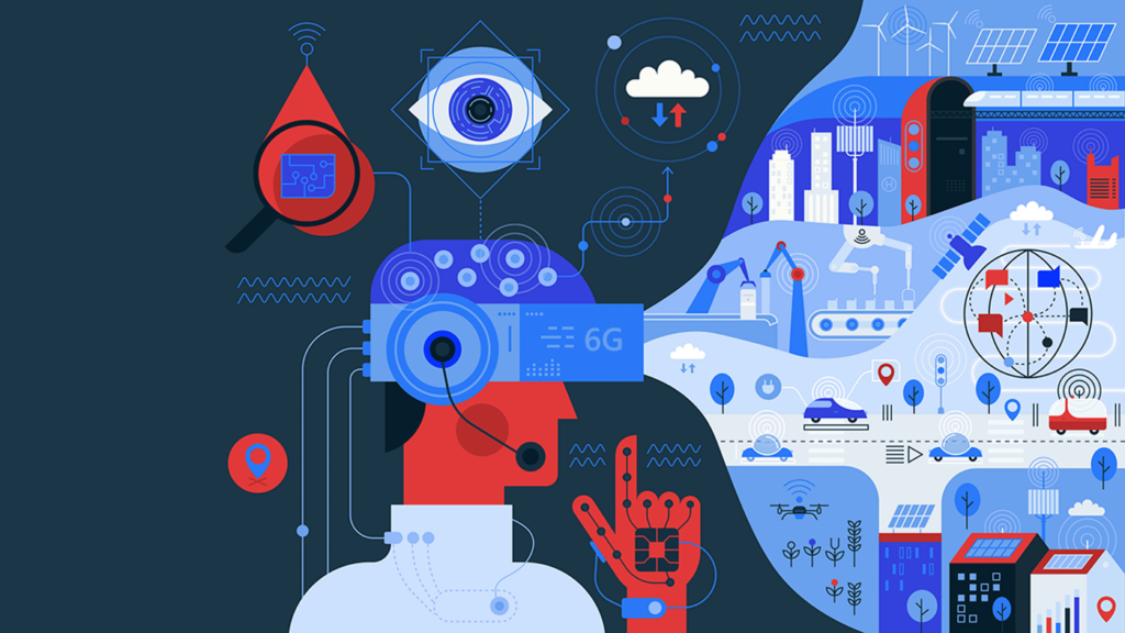 6G | Space - header illustration | AI head looking out into a mix of industry and communications icons