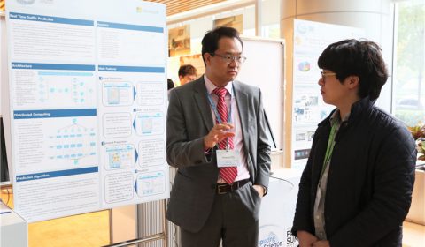 a group of people standing in a room