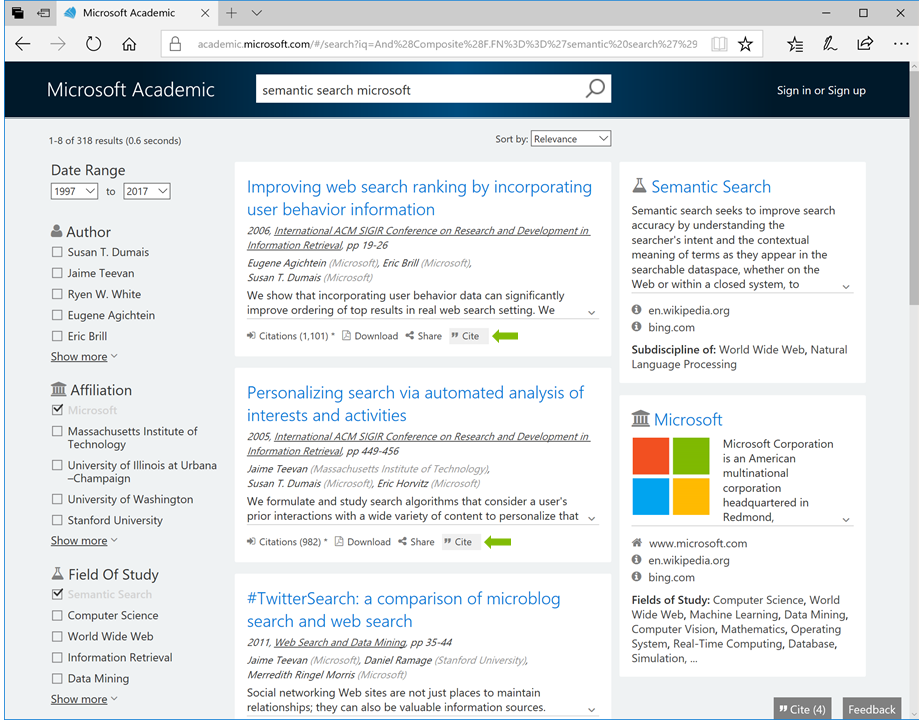 screenshot of search results