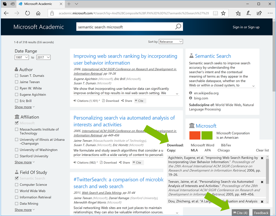 screenshot of manage citations window