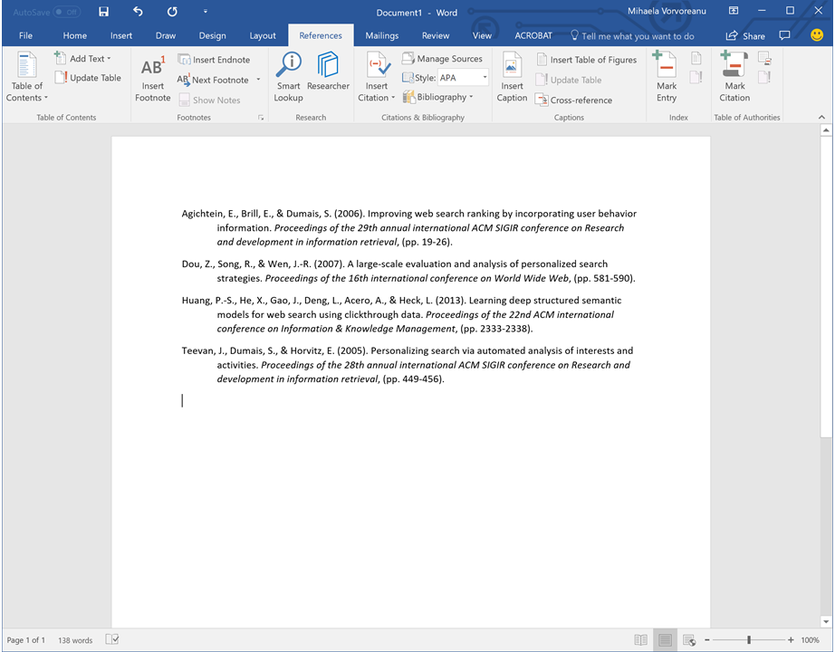Rormatted references inserted in Word document