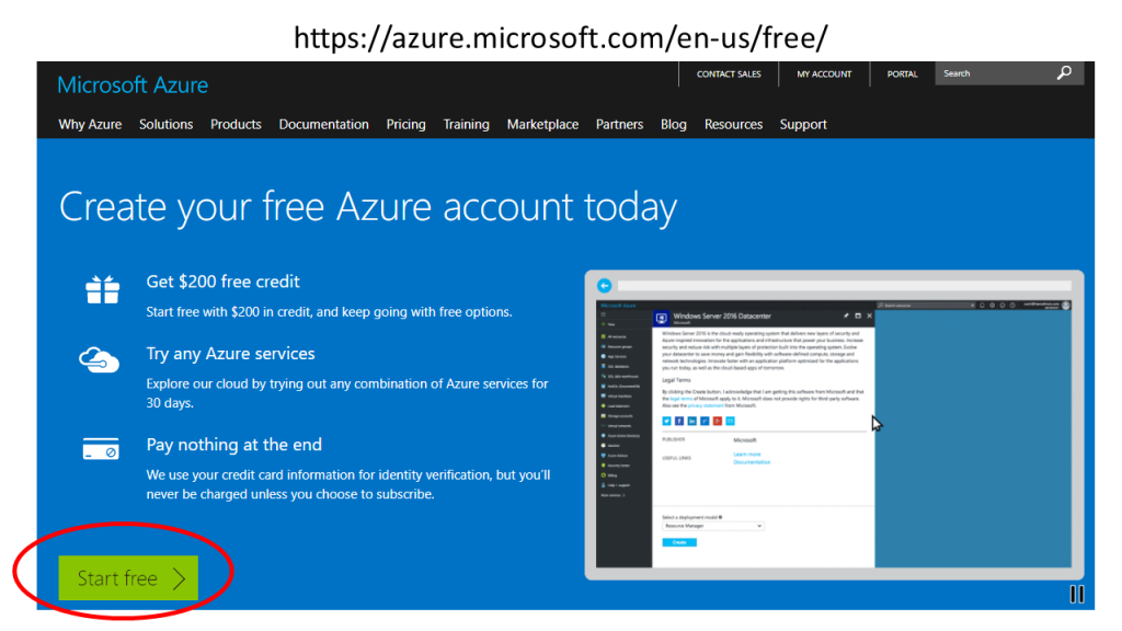 start screen for creating a free Azure account