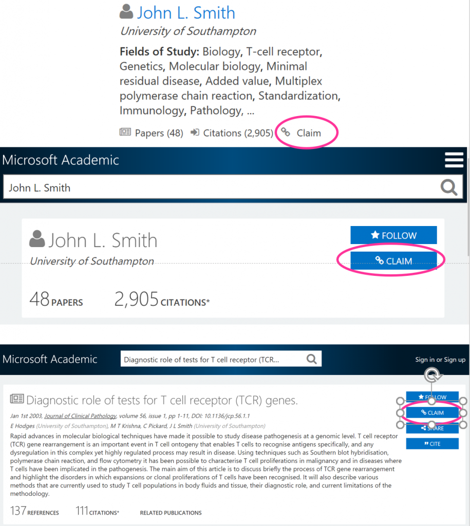 Screenshot showing the claim button on different pages.