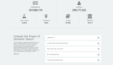 screenshot of the redesigned Microsoft Academic homepage