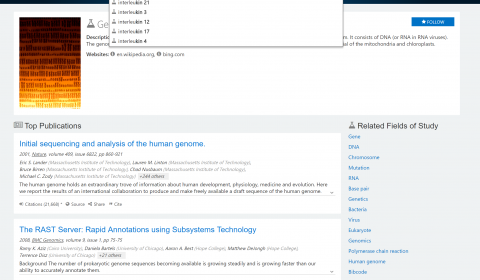 search box showing query suggestions for several interleukin genes