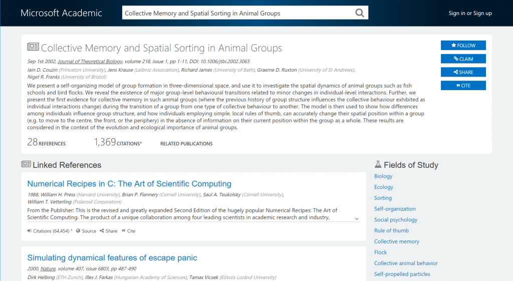 Screenshot of paper, Collective Memory and Spatial Sorting in Animal Groups 
