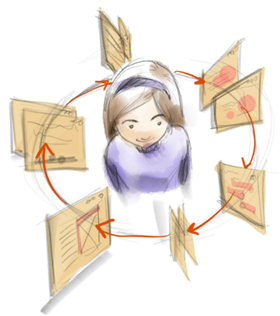 A drawing of a woman in the middle of rotating files