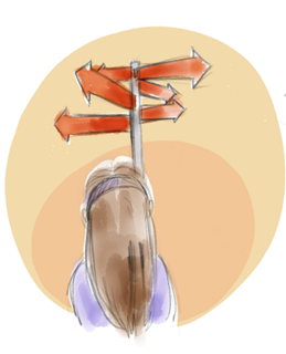 A drawing of a woman in front of a signpost