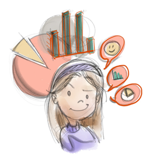 A drawing of a woman with graphs, bar charts and chat notifcations