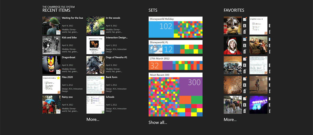 Images of prototype designs, illustrating information about files and their histories.