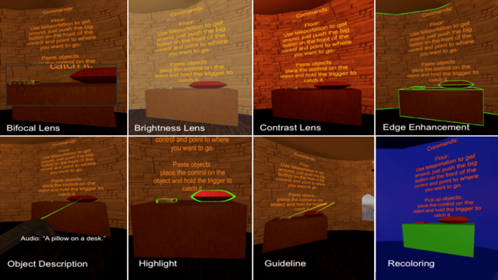 The 14 SeeingVR tools, overlaid individually upon a scene from the open source Unity game EscapeVR-HarryPotter; end-users can combine the individual tools as needed, based on their visual abilities.