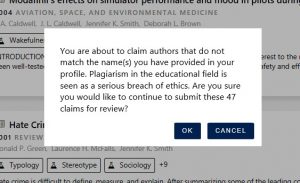 Screenshot of Microsoft Academic claims verification message