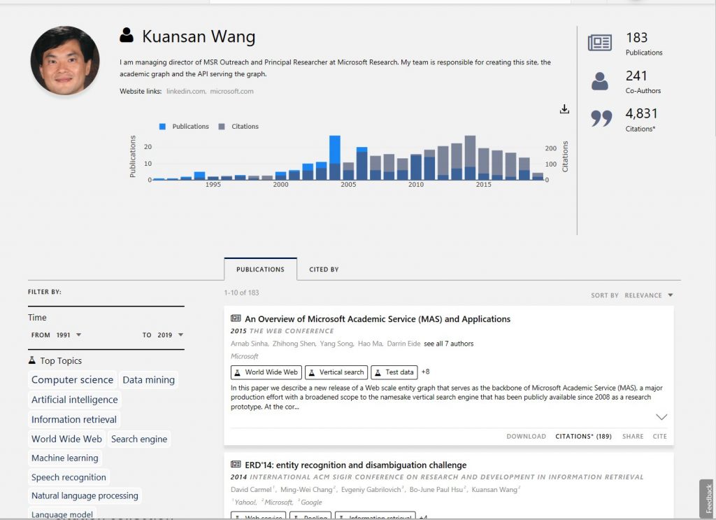Screenshot of Microsoft Academic personalized profile page