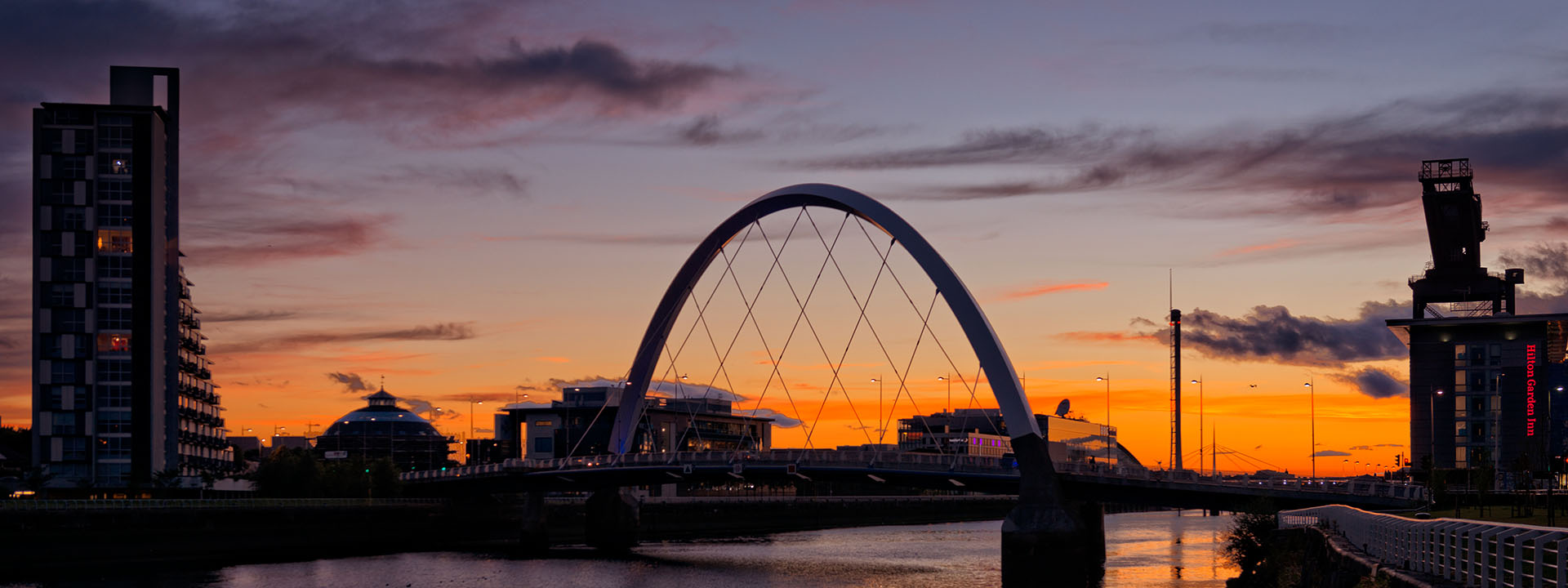 Sunset photo of the Clyde Arc in Glasgow, UK
