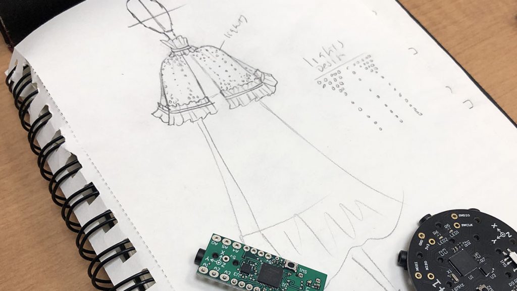 Project Brookdale: photo of sketch book showing where lights will be place on garment