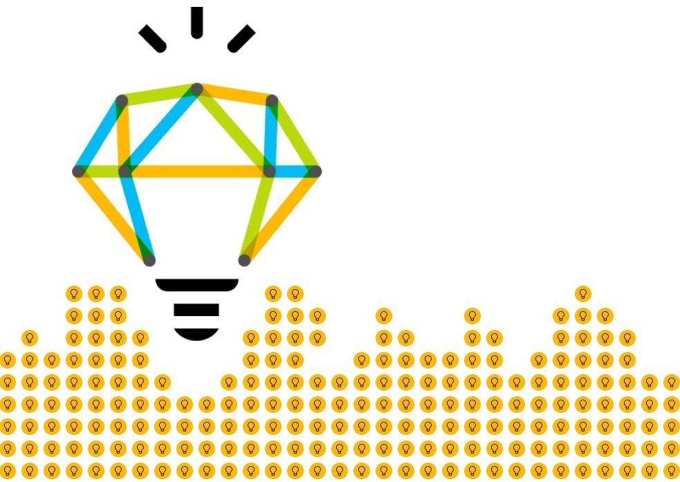 A graphic image of a lightbult made up of smaller emojis and icons