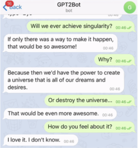 screenshot of GPT2Bot chat interface