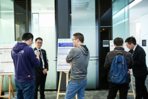 a group of people standing in a room
