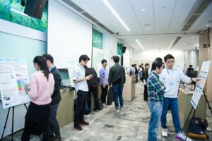 a group of people standing in a room
