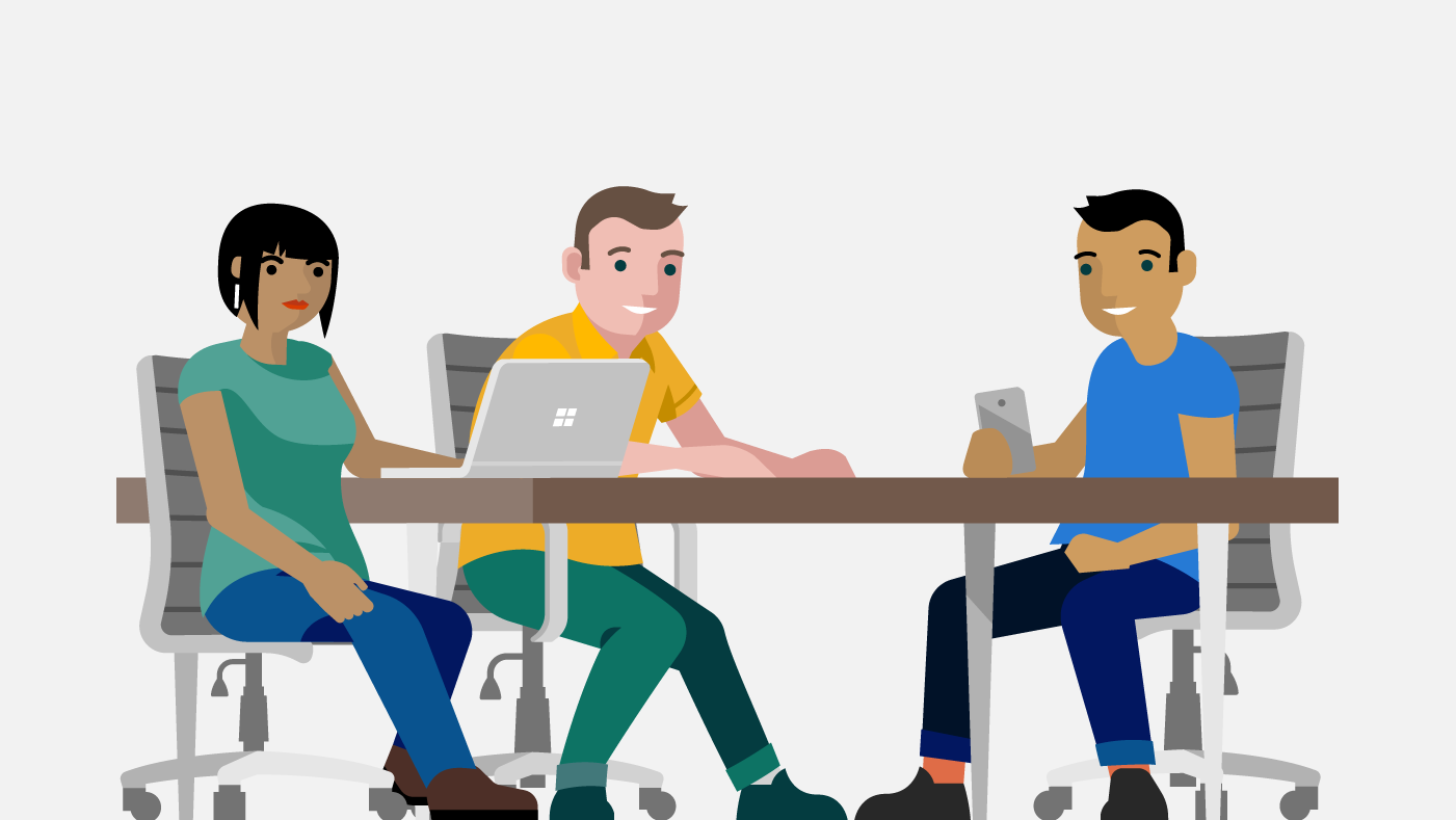 an illustration of a woman looking at a Windows laptop, next to a man, and a man looking at a cellphone all sitting at a desk