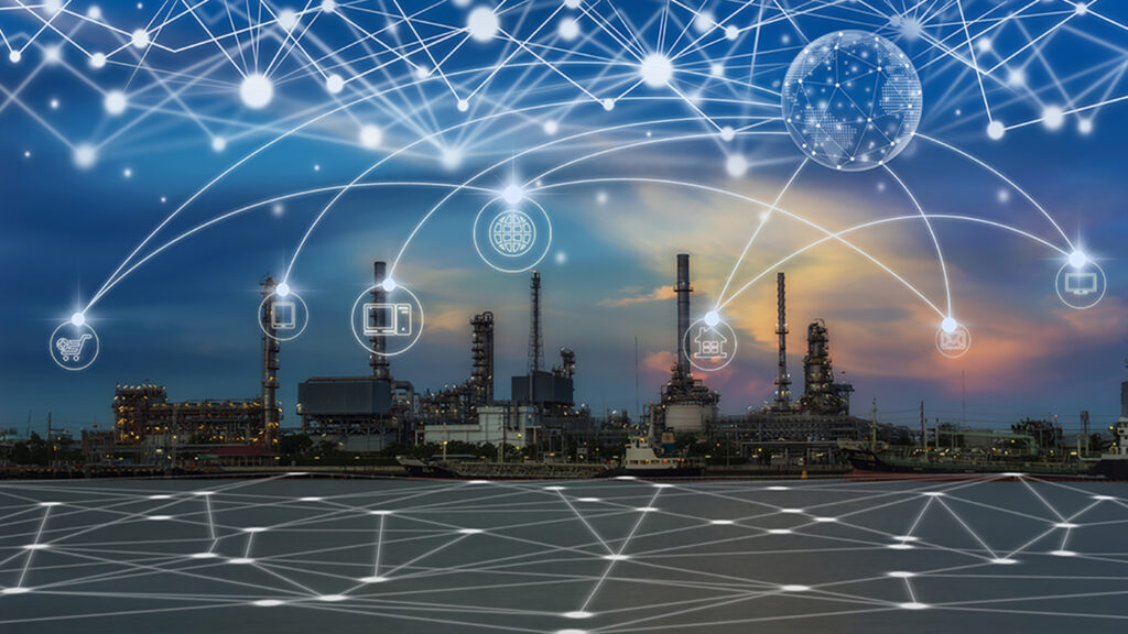resilience - city skyline with an overlay of technology icons and connected network nodes