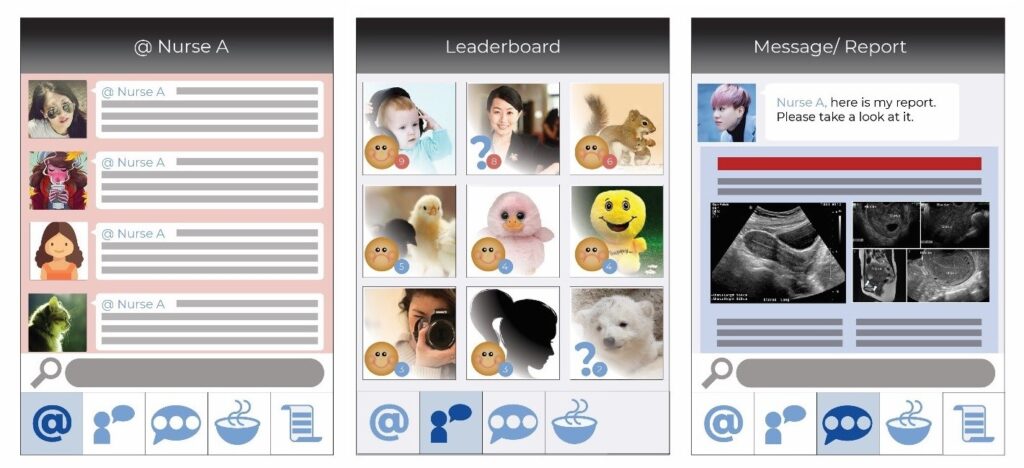 Three different prototype screen designs from left to right: