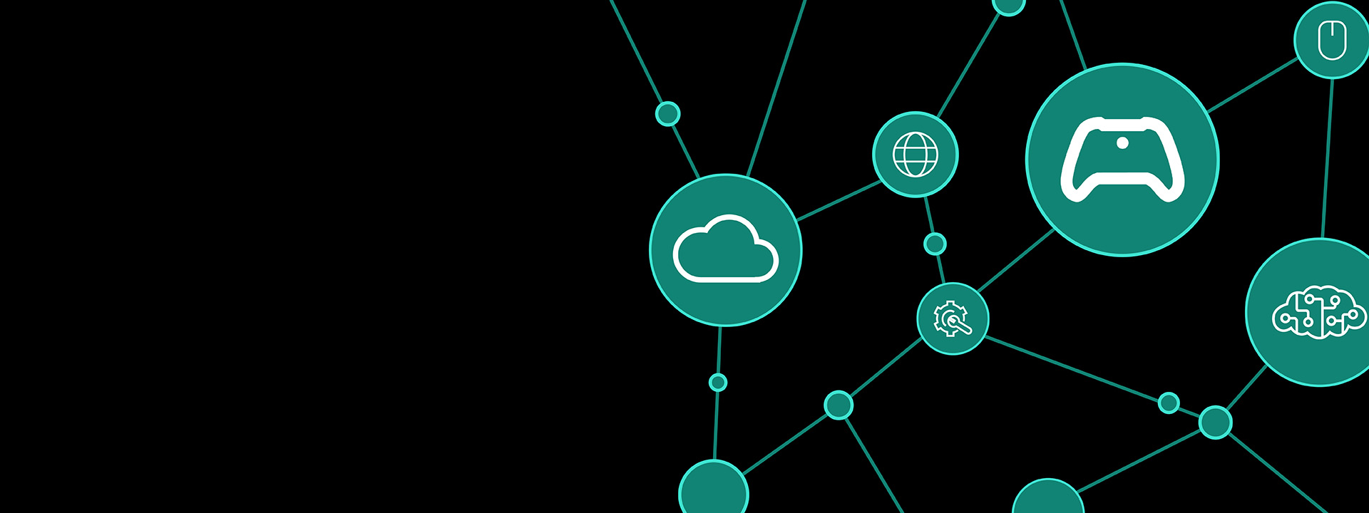 white illustrations of a cloud, game controller, gear, brain, and mouse in green circles on a black background for Microsoft Research & XBOX's AI and Gaming Research Summit