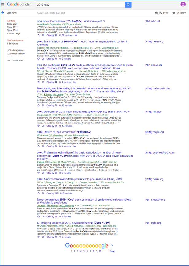Google Scholar papers on Coronavirus