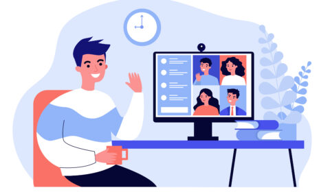 Worker using computer for collective virtual meeting and group video conference. Man at desktop chatting with friends online. Vector illustration for videoconference, remote work, technology concept