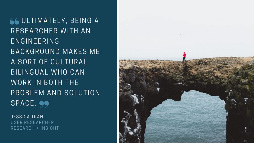 Photograph of person walking over a land bridge with quote from author