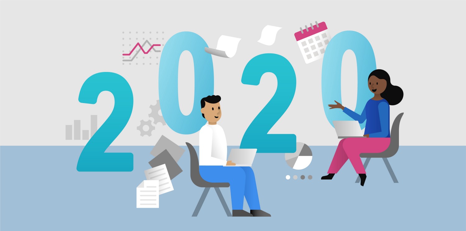 Graphic image: Two people sit in chairs with computers on their laps. Background: Large numbers that spell out 2020