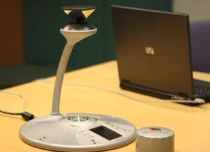 photo of the Microsoft RoundTable video conferencing device