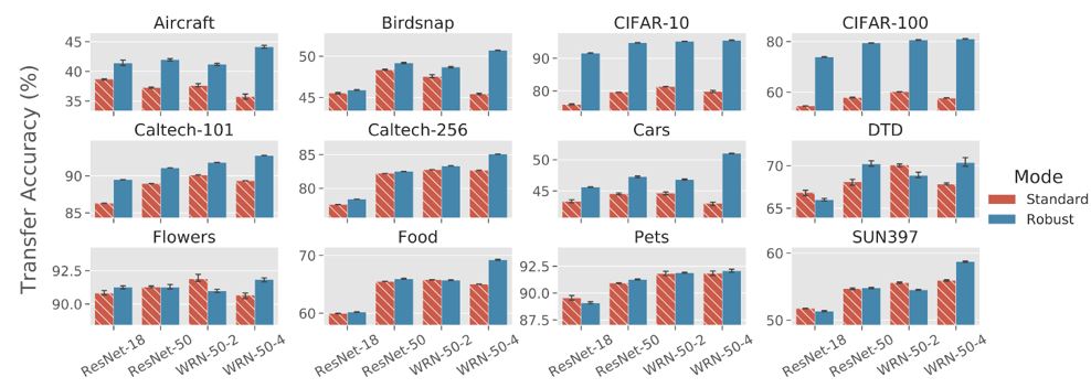 Bar charts showing generally better transfer accuracy (%) using adversarially robust models versus standard models on Aircraft, Birdsnap, CIFAR-10, CIFAR-100, Caltect-101, Caltech-256, Cars, DTD, Flowers, Food, Pets, and SUN397.