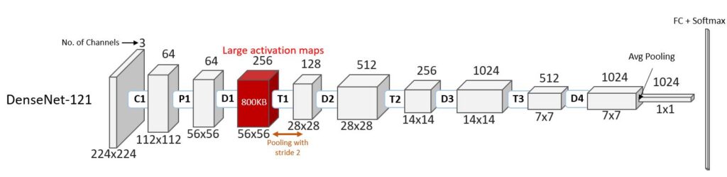 A diagram of DenseNet-121 in which a series of 11 cuboids represents an input image and then subsequent activation maps at various sizes, measured as n rows × n columns × n channels. The cuboids—connected to one another by rectangles representing a different block of layers—are arranged horizontally, and the number of rows and columns of each gradually decreases while the number of channels gradually increases. The activation map size starts at 112 × 112 × 64 and ends at 1 × 1 × 2024. 