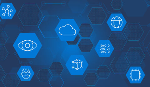 hexagonal AI icons on a blue background