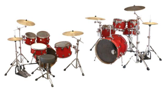 computer graphics rendering of a drum kit