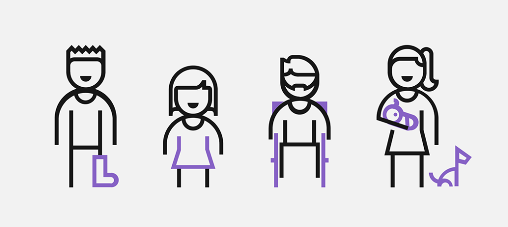 a group of stick figure people with different disabilities
