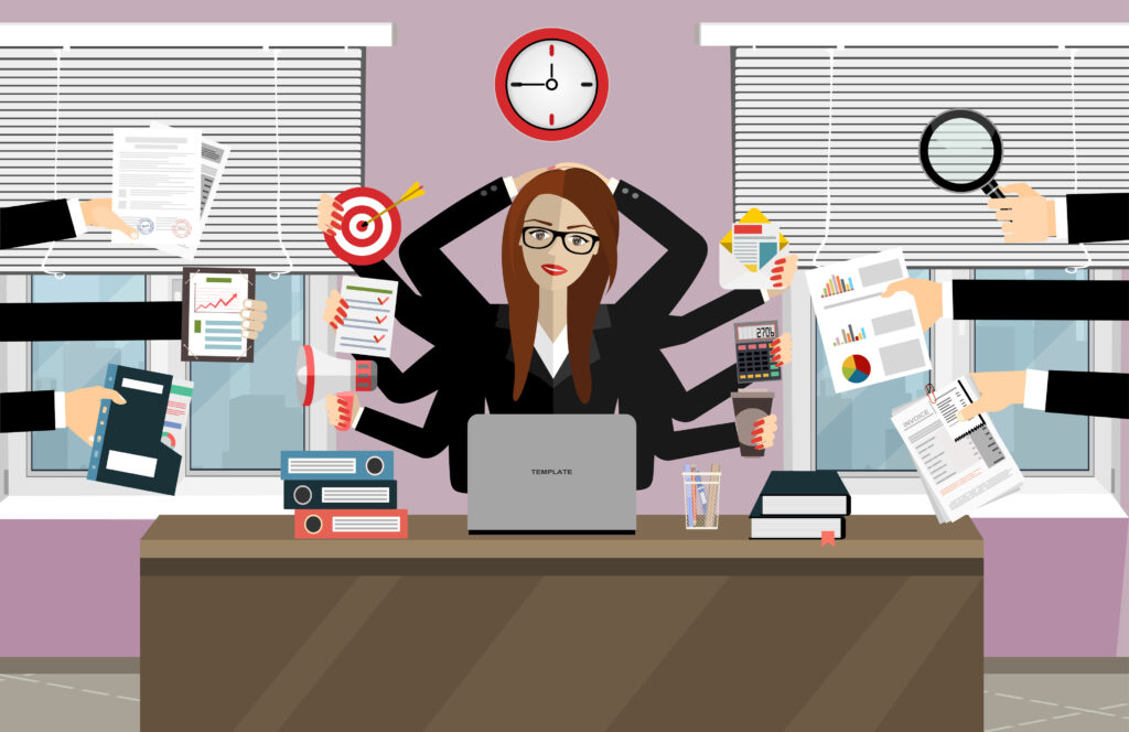 Happy business woman with many hands, multitasking.