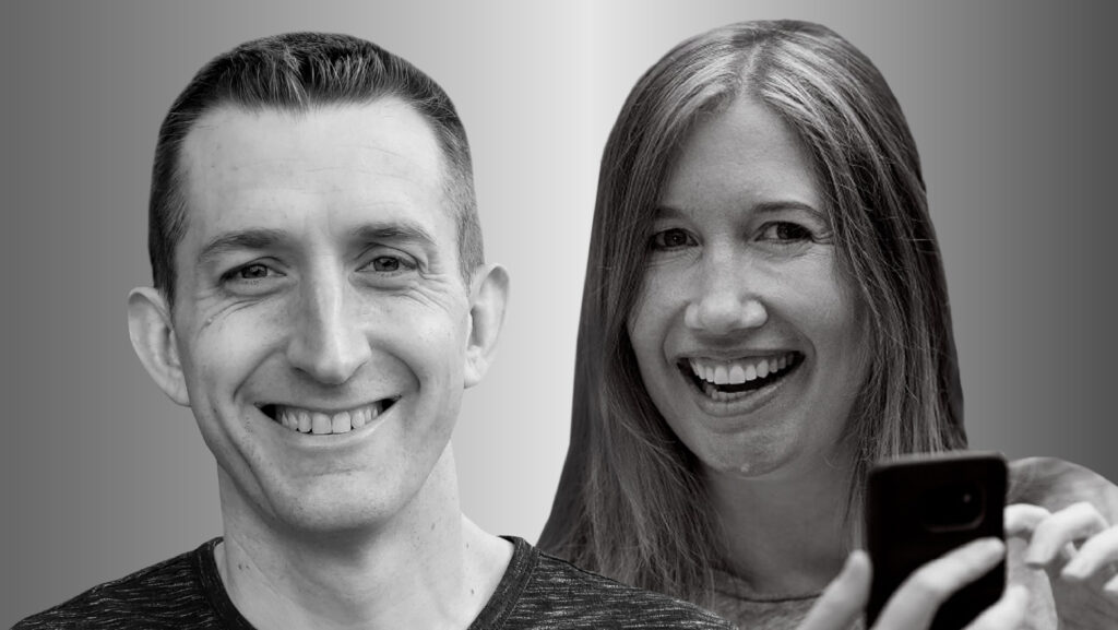 Two people side by side, Brian Houck on the left and Jaime Teevan on the right, in black and white smile and look forward. Teevan is holding a cell phone.