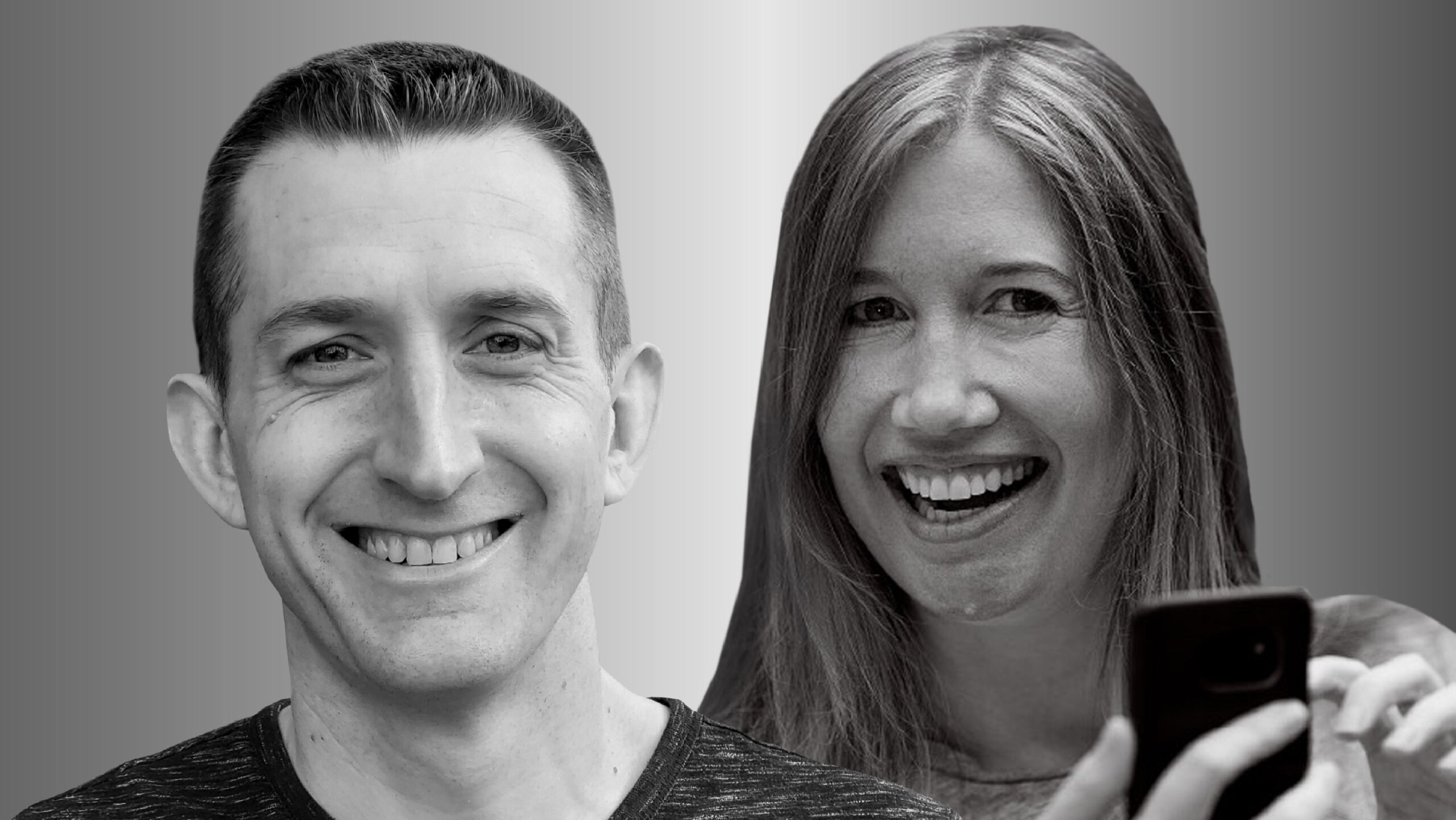 Two people side by side, Brian Houck on the left and Jaime Teevan on the right, in black and white smile and look forward. Teevan is holding a cell phone.