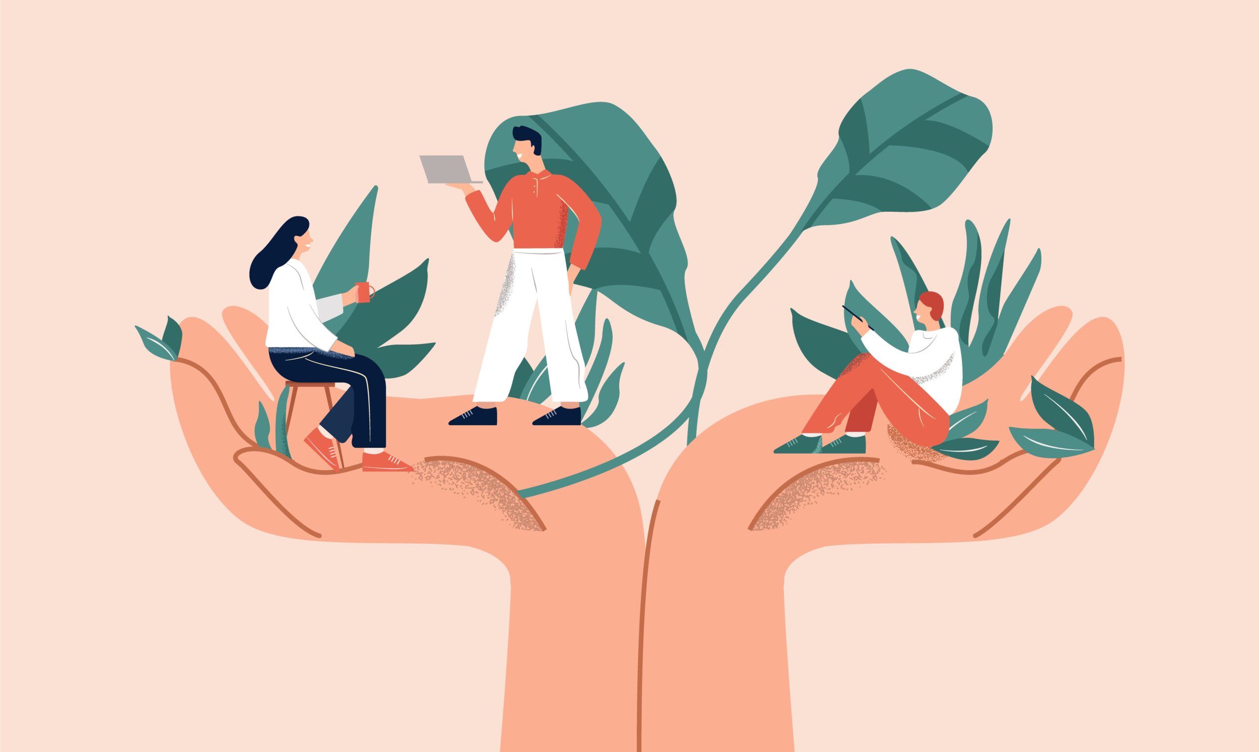 Huge hands holding tiny people office workers vector flat illustration