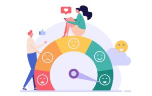 customers rating an experience on a dial with arrow pointing to most positive