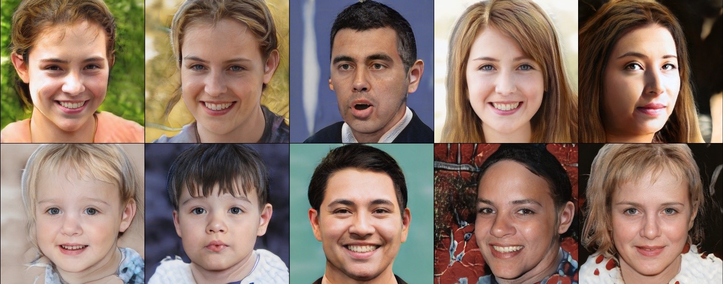 Images generated by StyleGAN2 architecture trained in MvM framework on the Flickr-Faces-HQ Dataset