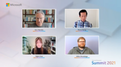 Microsoft Research Summit 2021 panel discussion between Eric Horvitz (Microsoft), Miles Brundage (OpenAI), Yejin Choi (University of Washington), and Percy Liang (Stanford University)
