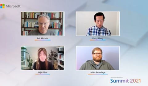 Microsoft Research Summit 2021 panel discussion between Eric Horvitz (Microsoft), Miles Brundage (OpenAI), Yejin Choi (University of Washington), and Percy Liang (Stanford University)