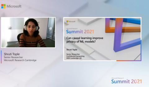 Shruti Tople giving research talk at Microsoft Research Summit 2021